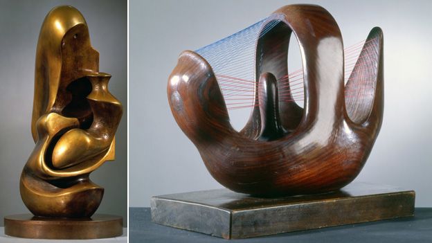 Two of the Henry Moore sculptures on display at the Kremlin. Working Model for Mother and Child: Hood 1982 (l) and Bird Basket 1939 (r). Reproduced by permission of The Henry Moore Foundation