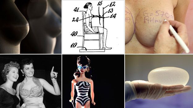 Composite of images about the history of breast implants and those who inspired women to want bigger bosoms - including patent drawing for bust-developing device 1929, US patent number 1795073, inventor Peggy Bbowh
