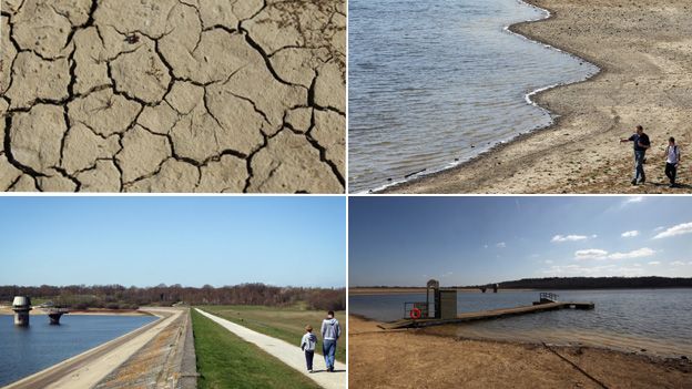 Montage of four images featuring dried out or drying reservoir beds