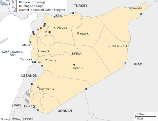 Map of Syria showing the location of refugee camps