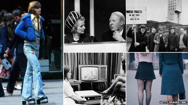 Composite image: From right to left - Man on the Kings Road, 1973, Margaret Thatcher and Edward Heath, miner's strike, mini and maxi-skirted women in 1970, and women watching television in 1970