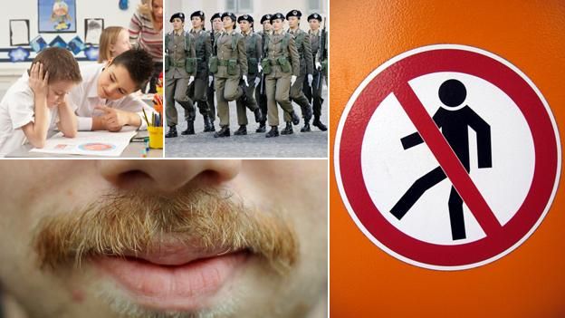 Top left, clockwise: Boys at school, girls in the army, 'no men' sign, close-up of a moustache
