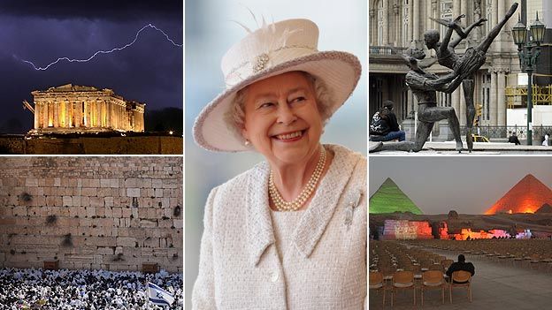 The Queen, with clockwise from left the Parthenon in Athens, the Teatro Colon in Buenos Aires, the pyramids at Giza and the Wailing Wall in Jerusalem