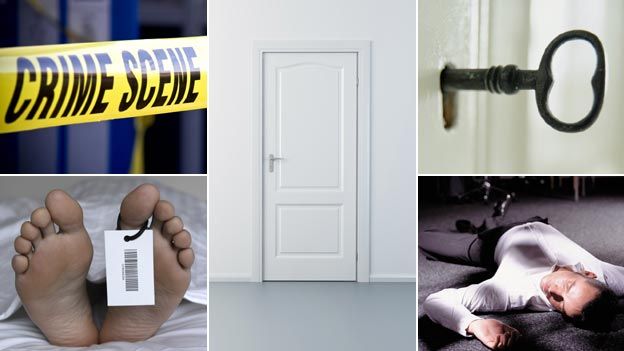 (clockwise) crime scene tape, locked white door, key in lock, man lying on floor, pair of feet with toe tag attached