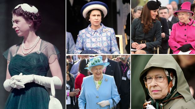 Composite image of the Queen - from left to right: the Queen in Melbourne, 1954; at Longchamps racecourse, outside Paris, 1972; with Catherine, Duchess of Cambridge at De Montfort University, 2012; at the Royal Windsor horse show in 2007, in north London in 2012.