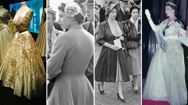 Composite image showing from left to right: a gown designed for Queen Elizabeth II by Norman Hartnell from 1957, Queen Elizabeth II at the Derby, Epsom Downs Racecourse, Surrey, 1955, at Epsom with Princess Margaret in 1950, and Queen Elizabeth II at a State Banquet in Canberra, Australia, 1954, wearing dress by Norman Hartnell
