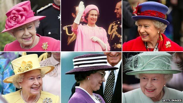 Six images featuring Queen Elizabeth II wearing a variety of hats