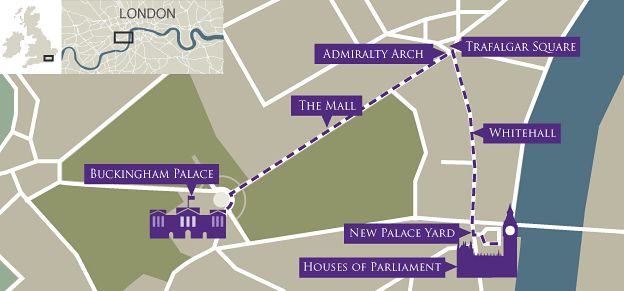 Map shows route of carriage procession