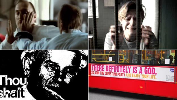 Clockwise (left to right): Stills from adverts for Volkswagen Group Ltd, 2009; Barnado's, 2008; The Christian Party, 2009 (Rex Features); and British Safety Council, 1995