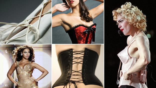 Clockwise (left to right) close-up of lacing on back of white corset; woman wearing red and black corset; Madonna in 1990 wearing a Jean Paul Gaultier corset; woman wearing black corset; Beyonce wearing gold corset