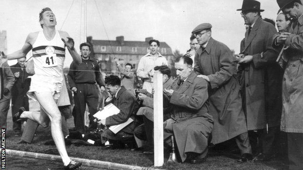Roger Bannister records the first sub four minute mile, in Oxford in 1954