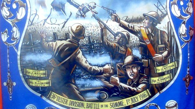 This banner depicts the 36th (Ulster) Division on the first day of the Battle of the Somme, 1 July 1916. Of the nine Victoria Crosses awarded to British soliders on that day, four went to men of the Ulster Division. Regimental mythology has it that Orangemen in the division charged wearing their sashes.