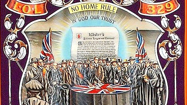This banner depicts the signing of the Ulster Covenant in September 1912. The covenant was a protest against the Third Home Rule Bill, which proposed to give Ireland self-government within the United Kingdom. Protestants generally, and Orangemen in particular, opposed the bill.