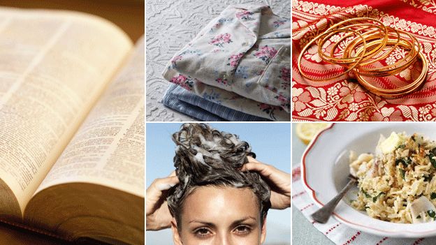 From top left, clockwise: dictionary, pyjamas, bangles, kedgeree, woman shampooing hair