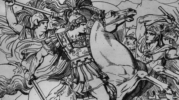 Circa 330 BC, Alexander the Great King of Macedonia, on his horse Boucephalus
