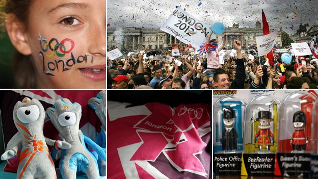 From top left, clockwise: girl with Olympic rings painted on face, crowds waving flags, Olympics mascots, cushion with logo, mascots