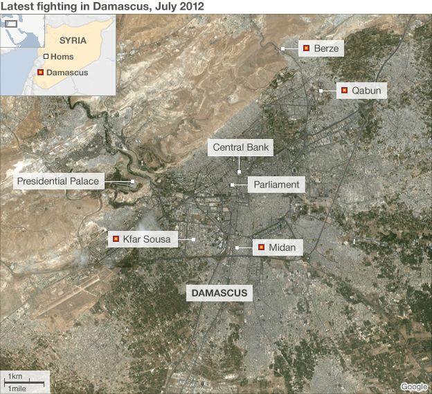 Map showing Damascus violence (17 July 2012)