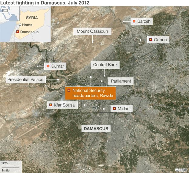 Map showing Damascus violence (17 July 2012)