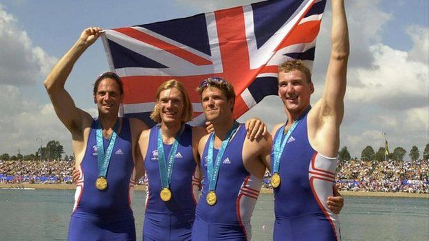 James Cracknell wearing his gold medal with rowing teammates Steve Redgrave, Tim Foster and Matthew Pinsent