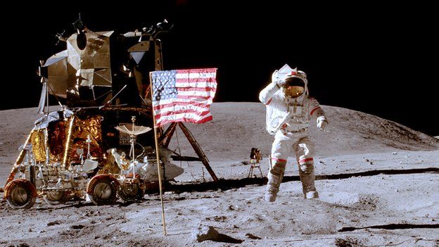 first man on the moon with flag