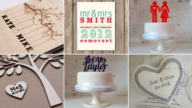 Six images of personalised cakes and stationery (Images: Folksy/Etsy)