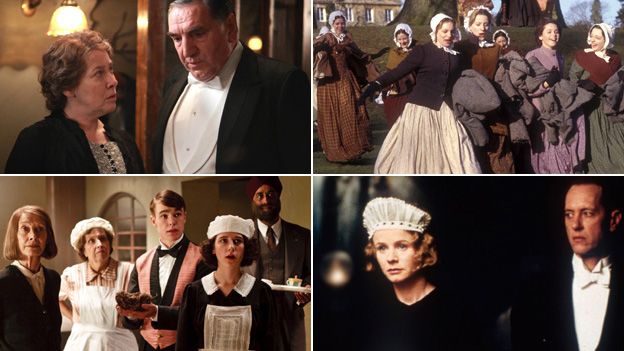 Scenes from Downton Abbey (Carnival films/ITV), Servants (BBC), Upstairs, Downstairs (BBC), Gosford Park (Getty Images)