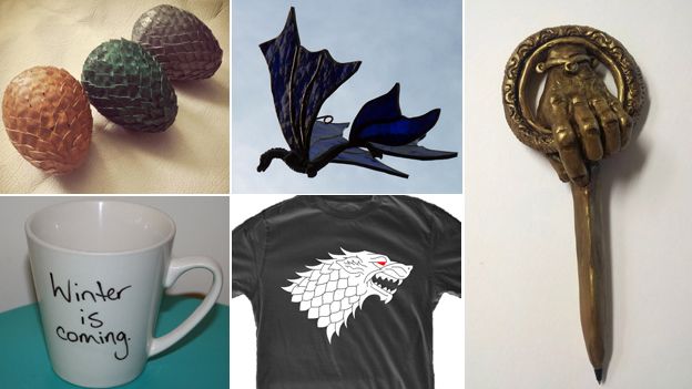 (clockwise) ornamental eggs, dragon sun catcher, ornamental pin, t-shirt detail, mug with slogan "Winter is coming" (Images: Etsy)