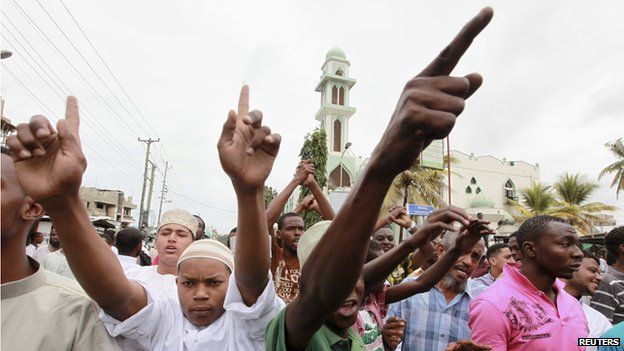 Muslims chant slogans during a protest against the killing of Sheikh Aboud Rogo Mohammed after Friday prayers at the Masjid Musa mosque in the Kenyan coastal city of Mombasa 31 August 2012