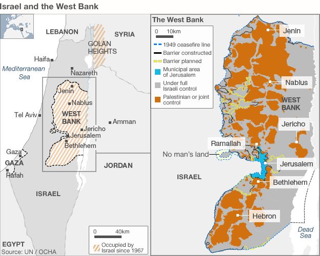 Map showing borders of Israel and the West Bank