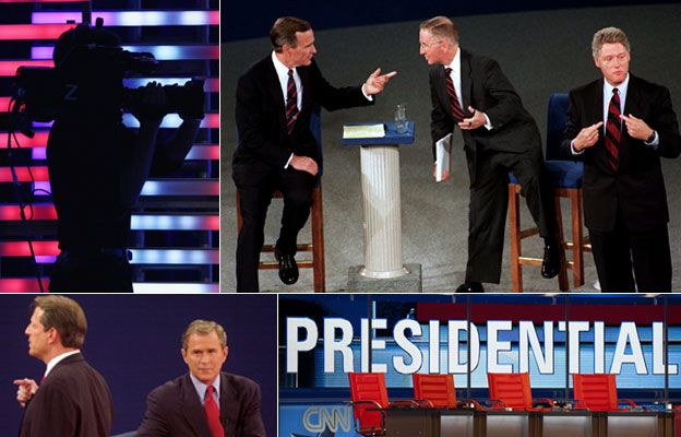 A camera shoots images at a debate (Getty Images); George H W Bush, Ross Perot and Bill Clinton at a debate in 1992 (AP); George Bush and Al Gore debating in 2000 (AFP); A presidential debate sign (Getty Images)