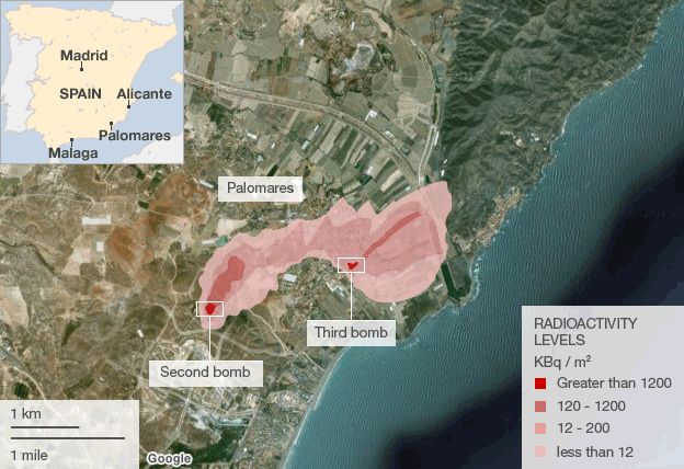Map of the bomb-hit areas and resulting contamination in Palomares, Spain