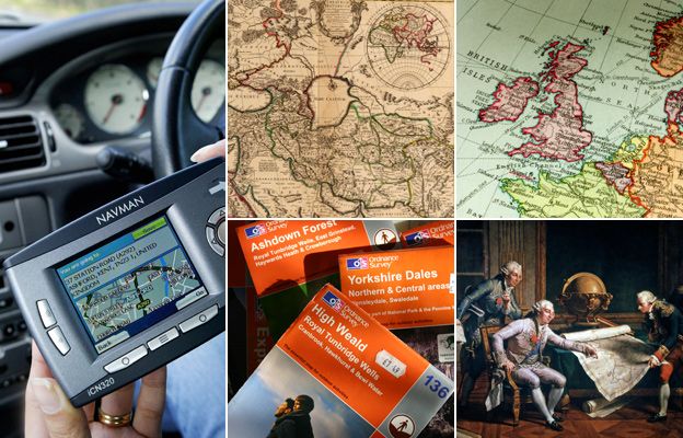From top left, clockwise: Person using GPS in car, antique map of the world, map of the British Isles, portrait of Louis XVI looking at a map, stack of ordnance survey maps