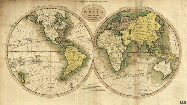 Map with east and west hemispheres in globe shapes