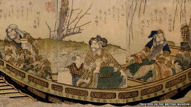 Woodblock print: Liu Bei (Gentoku), Guan Yu (Uncho), and Zhang Fei (Yokutoku), being punted down river by one of their three boy attendants, with wine and books on board