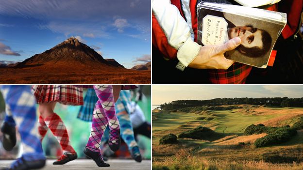 Glen Coe; a book by robert burns; tartan socks; Scottish landscape