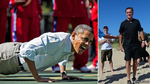 Barack Obama doing a push up (l) and Mitt Romney in shorts on a beach (r)