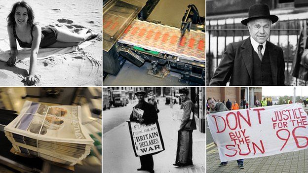 Press images (top: Christine Keeler, printing presses, Lord Beaverbrook, bottom: Times bundle, Newspaper vendor, Sun boycott banner)