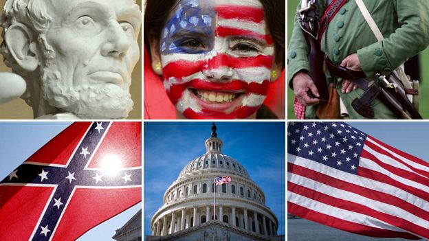 Clockwise from top left: Abraham Lincoln memorial; girl with US flag painted on her face; American Revolutionary Way re-enactor; Stars and Stripes; US Capitol; Confederate flag