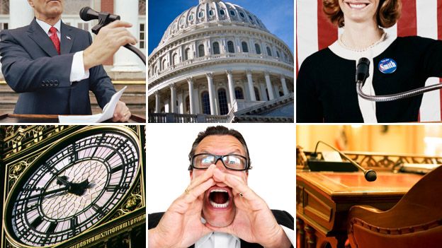 Clockwise - Speaker; US Capitol; politician; US Senate chair; man shouting; Big Ben.