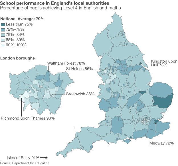 Map showing how schools in England performed