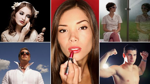 A composite image showing (clockwise): A woman powdering her face, a woman applying red lipstick, a woman looking at her own reflection in a window, a man pulling his muscles and a man wearing sunglasses with his collar turned up. All images THINKSTOCK