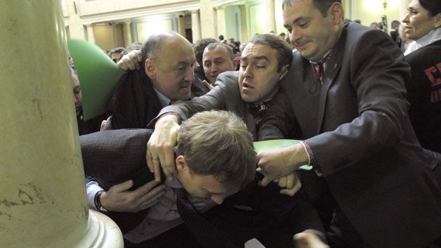 Fight in parliament - Ihor Miroshnychenko (centre) on the attack