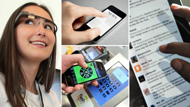 Clockwise, from left: Woman wearing Google Glass, news app on a smartphone, a Twitter feed on a tablet, and a phone payment system