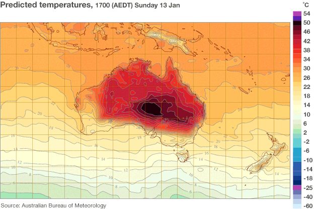 Map: Forecasted temperatures in Australia for 14 Jan.