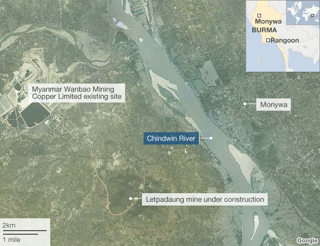 Map showing the mine near Monywa