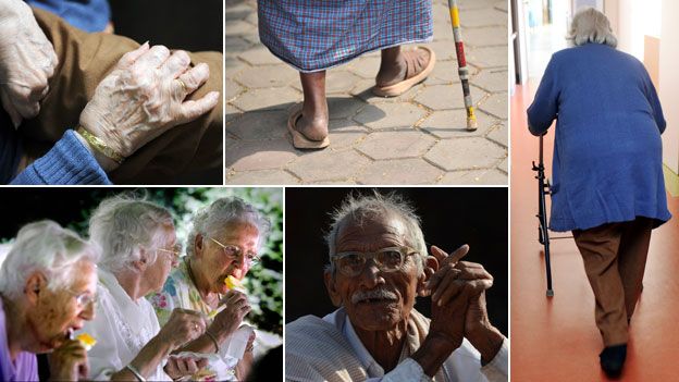 General pictures of elderly people: A hand, a man walking with a stick, a woman with a walking frame, three women eating ice creams, a man sitting.