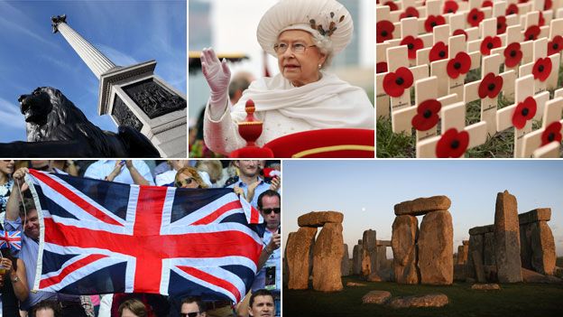 From left to right: Nelson's Clumn, the Queen, poppies, the union flag and Stonehenge