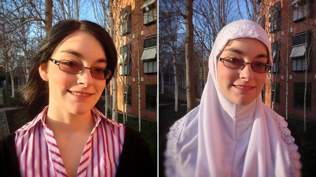 Sarah Rhodes, with and without her hijab