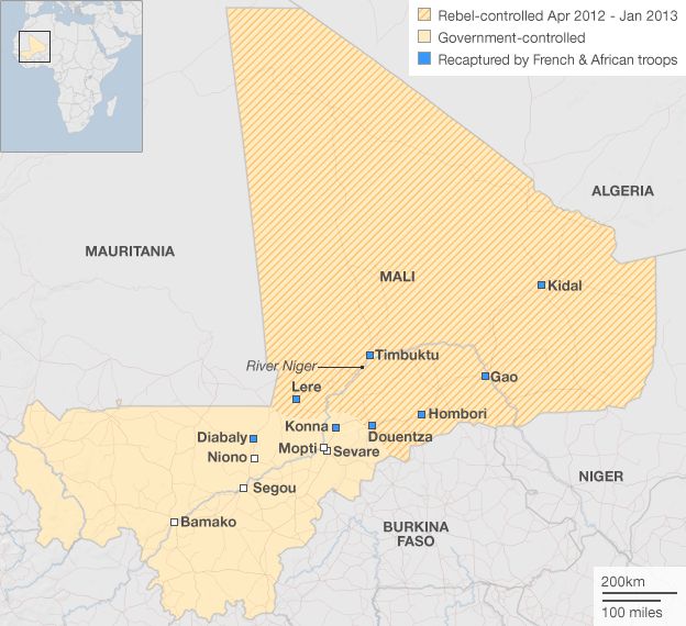 Map of Mali showing the areas previously under rebel control