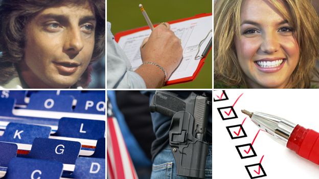 Barry Manilow, clipboard, Britney Spears, checklist, gun owner, card index